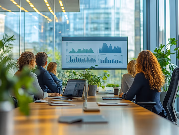 Team in modernem Konferenzraum mit Glasfront und Pflanzen diskutiert gemeinsam vor einem großen Bildschirm mit Diagrammen – offene Unternehmenskultur mit Raum für Mitgestaltung.