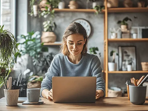 Junge Frau arbeitet konzentriert an einem Laptop in modern eingerichteter Umgebung mit vielen Pflanzen – attraktiver Arbeitsplatz mit Wohlfühlatmosphäre am Postcon-Standort Düsseldorf.