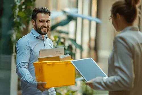 Ein freundlich lächelnder Mann übergibt einer Geschäftsperson eine gelbe Box mit Briefsendungen. Die andere Person hält ein Tablet in der Hand – eine Szene, die den Einstieg in den digitalen Service-Finder von Postcon symbolisiert: persönliche Beratung trifft auf moderne Logistiklösungen.