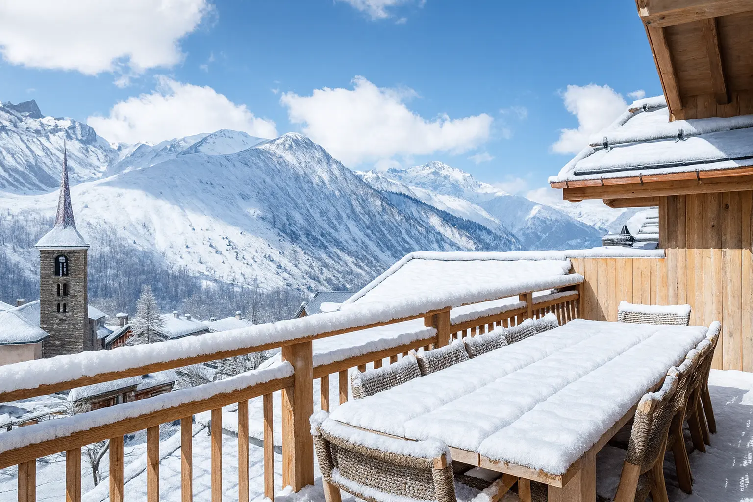 Terrasse enneigée d'un chalet haut de gamme avec vue sur les montagnes