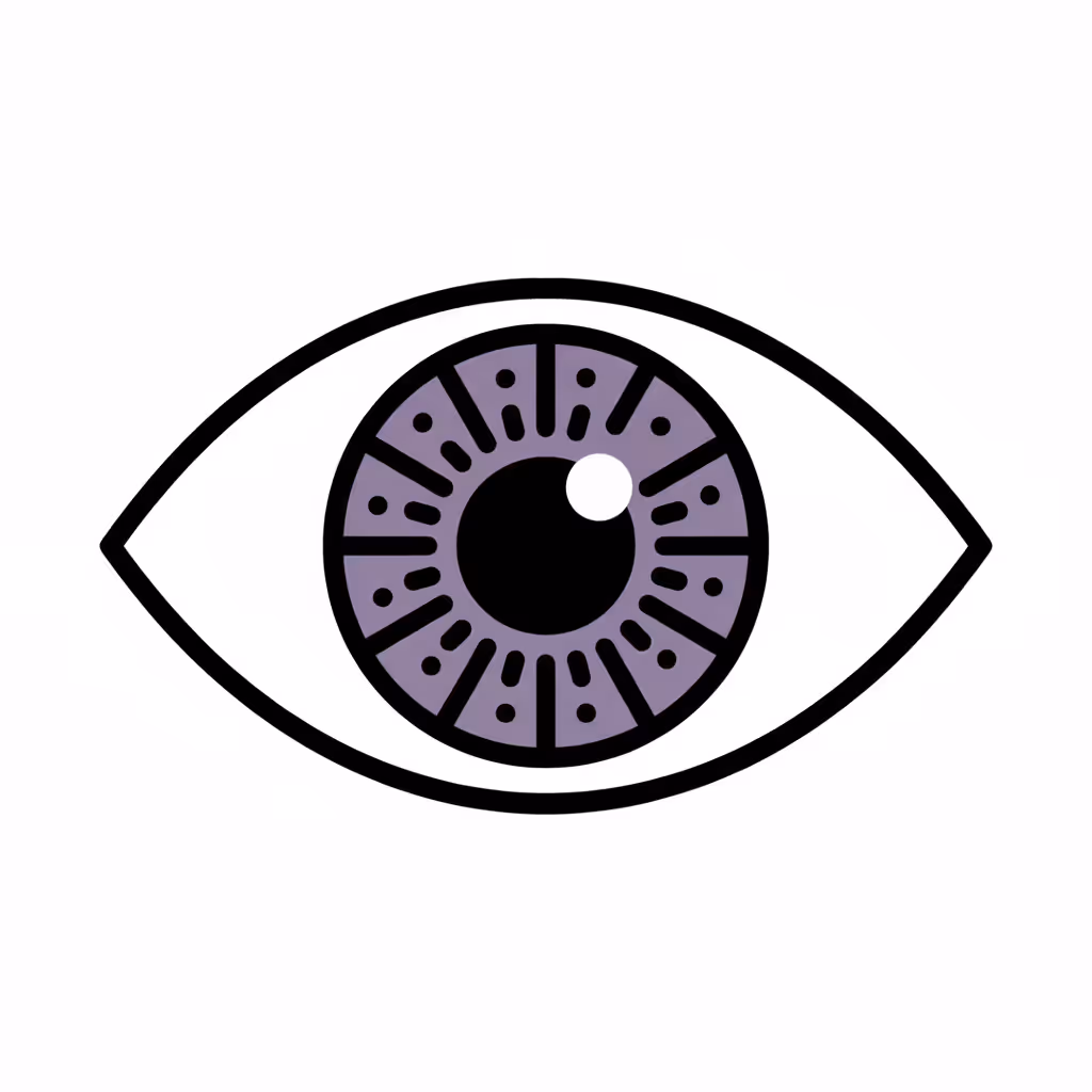 Simplified graphic of an eye with a purple iris and black pupil with a light reflection spot.