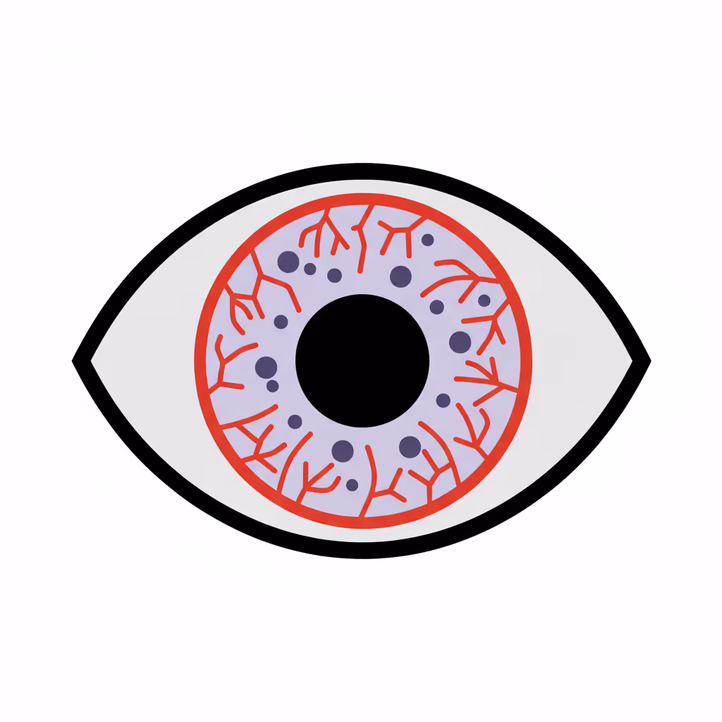 Illustration of an eye with red blood vessels and dark spots on the iris, symbolizing retinal disease.
