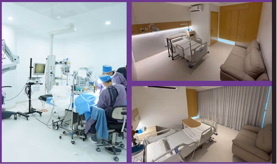 Collage of three images showing a medical surgical team operating in a bright, modern operating room, and two views of a hospital patient room with a bed, sofa, and medical equipment.