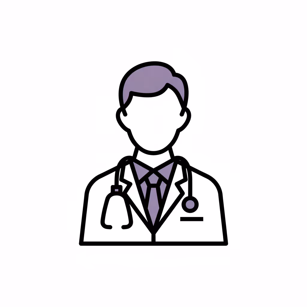 Icon of a male doctor with a stethoscope around his neck wearing a lab coat and tie.