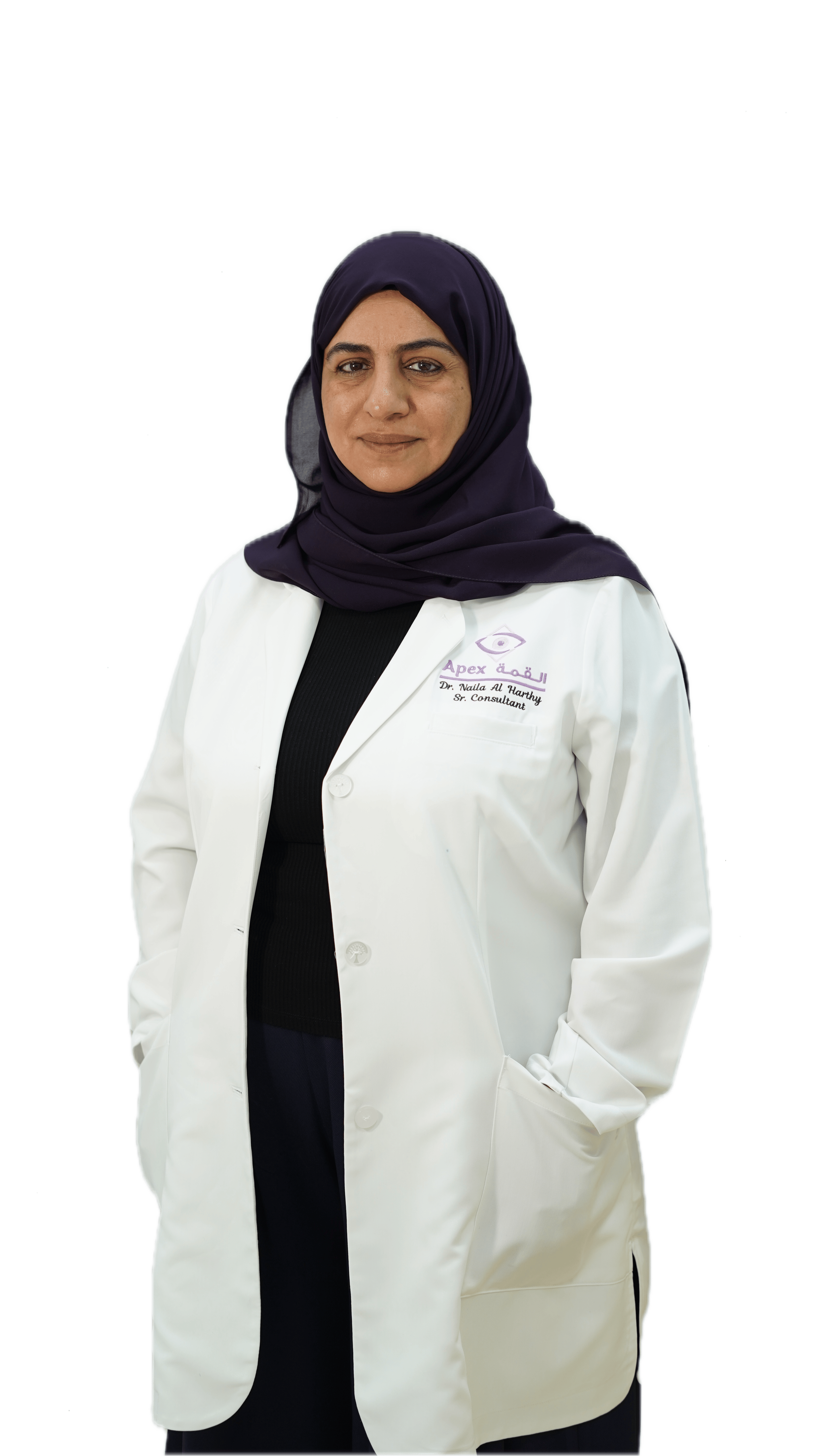 Woman wearing a dark purple hijab and white lab coat with a logo and text reading Dr. Naila Al Harthy Sr. Consultant.