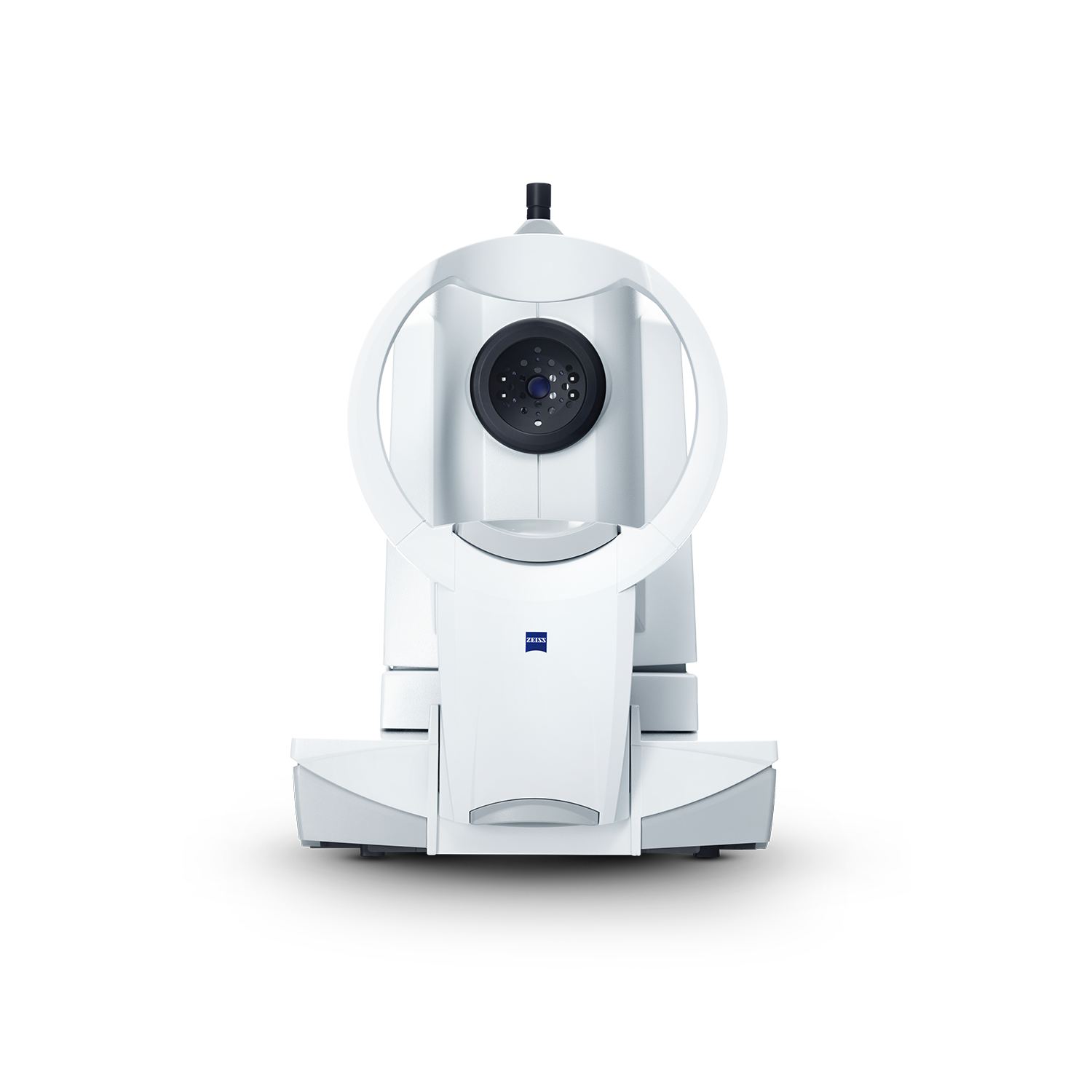 Front view of a ZEISS ophthalmic device with a circular eyepiece and white body.