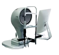 Side view of a modern electronic device mounted on a stand with a circular fan and screen.