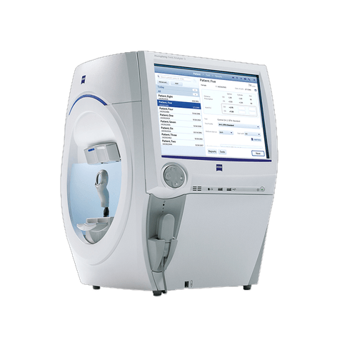 ZEISS Humphrey Field Analyzer 3, a white medical device with a circular patient interface and a touchscreen displaying patient test results.