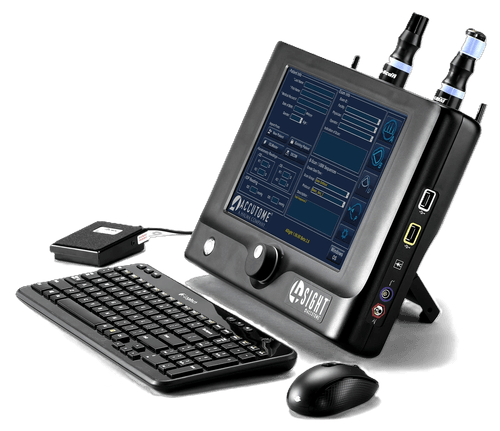 Medical diagnostic device touchscreen with attached keyboard and mouse, displaying patient exam info and interface labeled Accutome 4Sight.