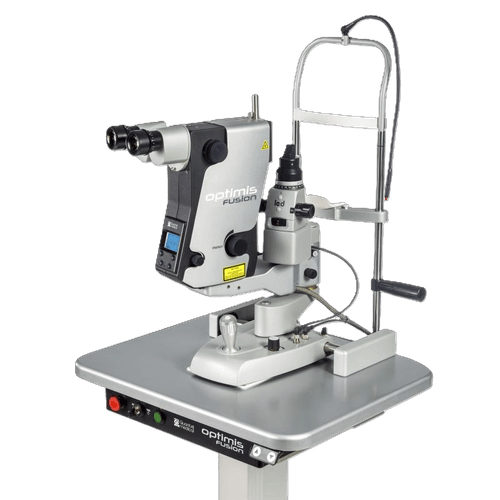 Optimis Fusion ophthalmic laser device with binocular eyepieces and control panel on a metal table.