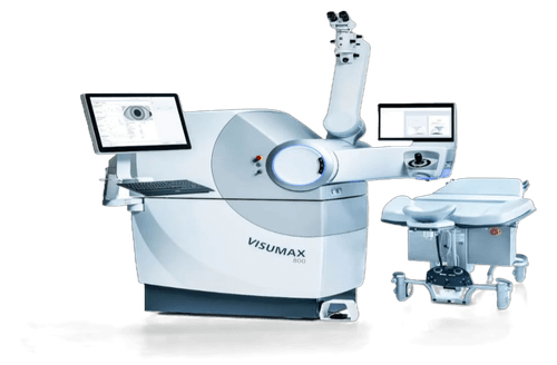 ZEISS VisuMax 800 ophthalmic laser system with attached computer screens and patient bed.