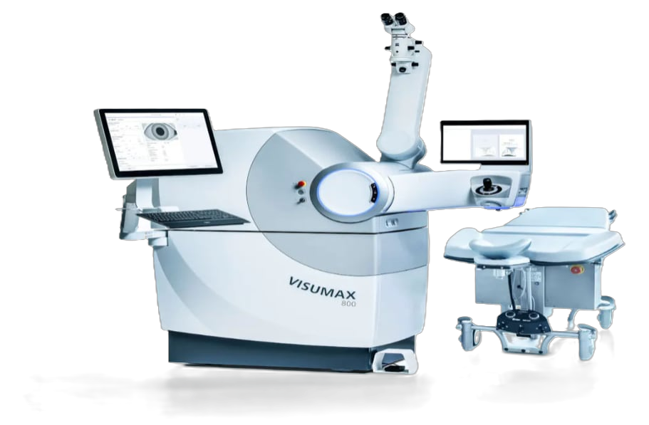 ZEISS VisuMax 800 ophthalmic laser system with attached computer screens and patient bed.