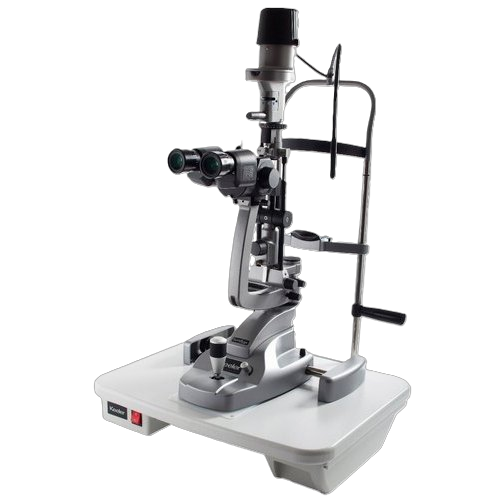 Slit lamp biomicroscope used for detailed examination of the eye, on a white base with adjustment knobs and binocular eyepieces.