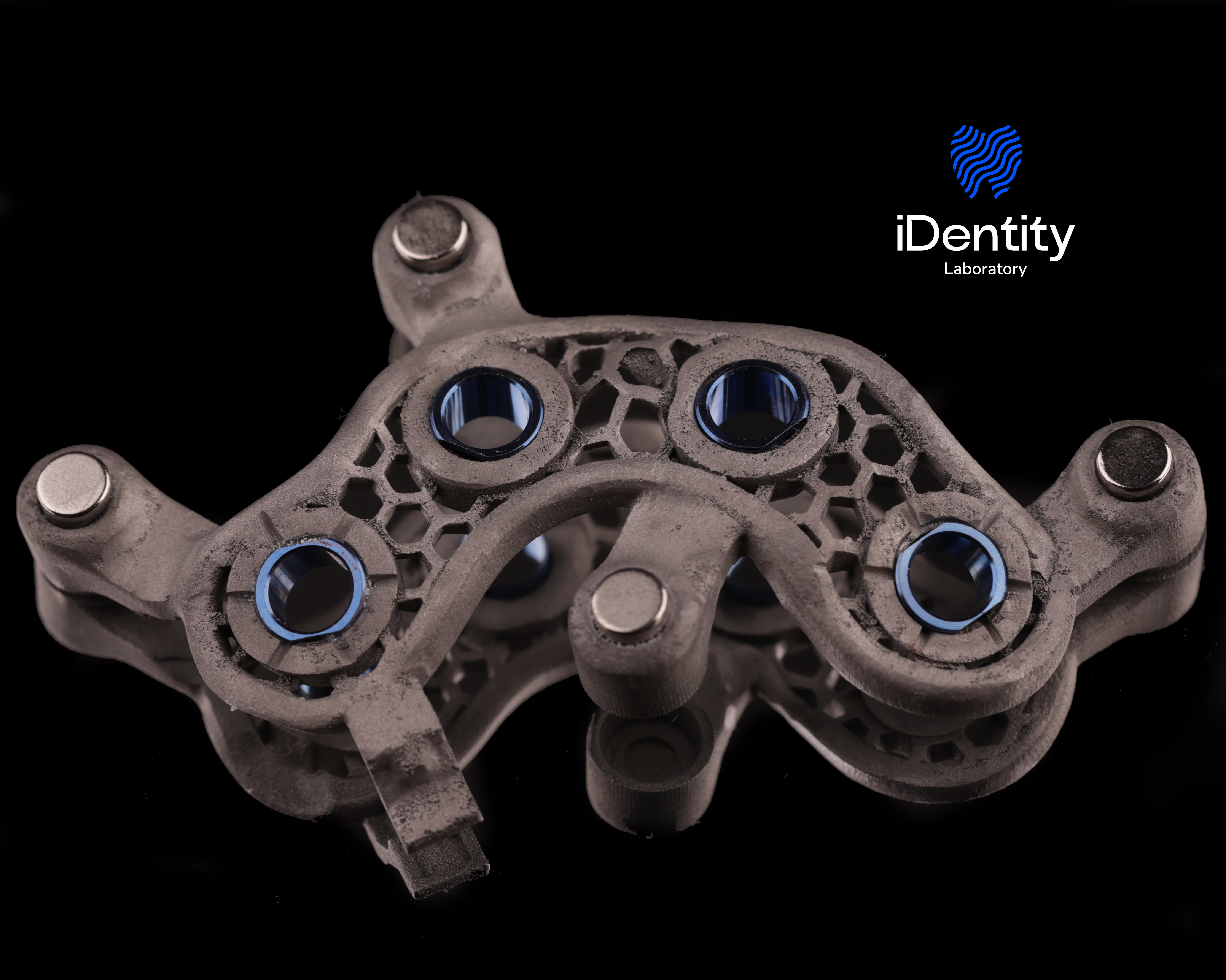 Close-up view of a complex gray 3D printed mechanical part with honeycomb structures and blue cylindrical inserts on a black background.