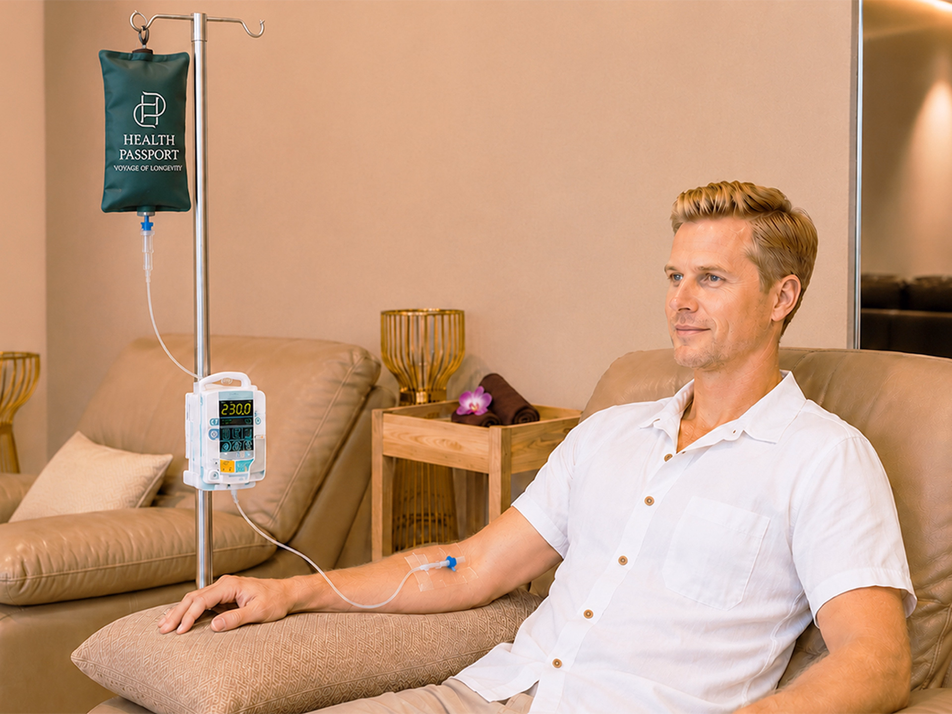 Patient undergoing personalized IV nutrient treatment in a private executive wellness clinic.