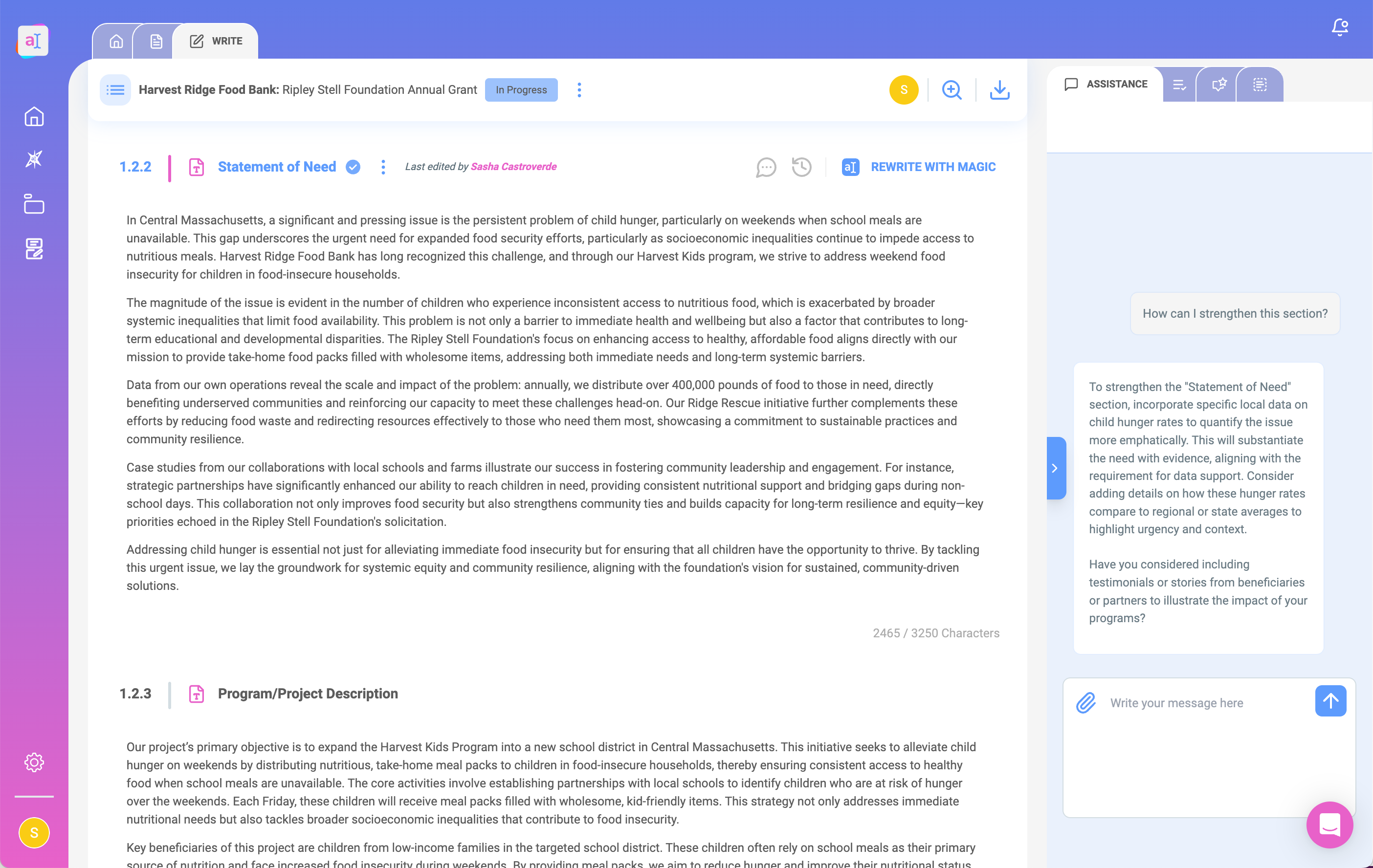 Grant Assistant platform dashboard showing AI-powered grant writing and compliance tools for nonprofits.