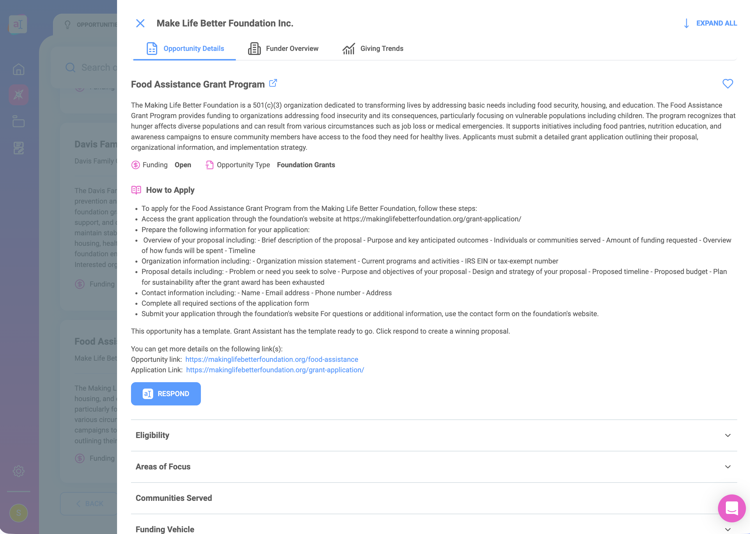 A mockup of Grant Assistant's Discover tool, which helps organizations find best-fitting grants.