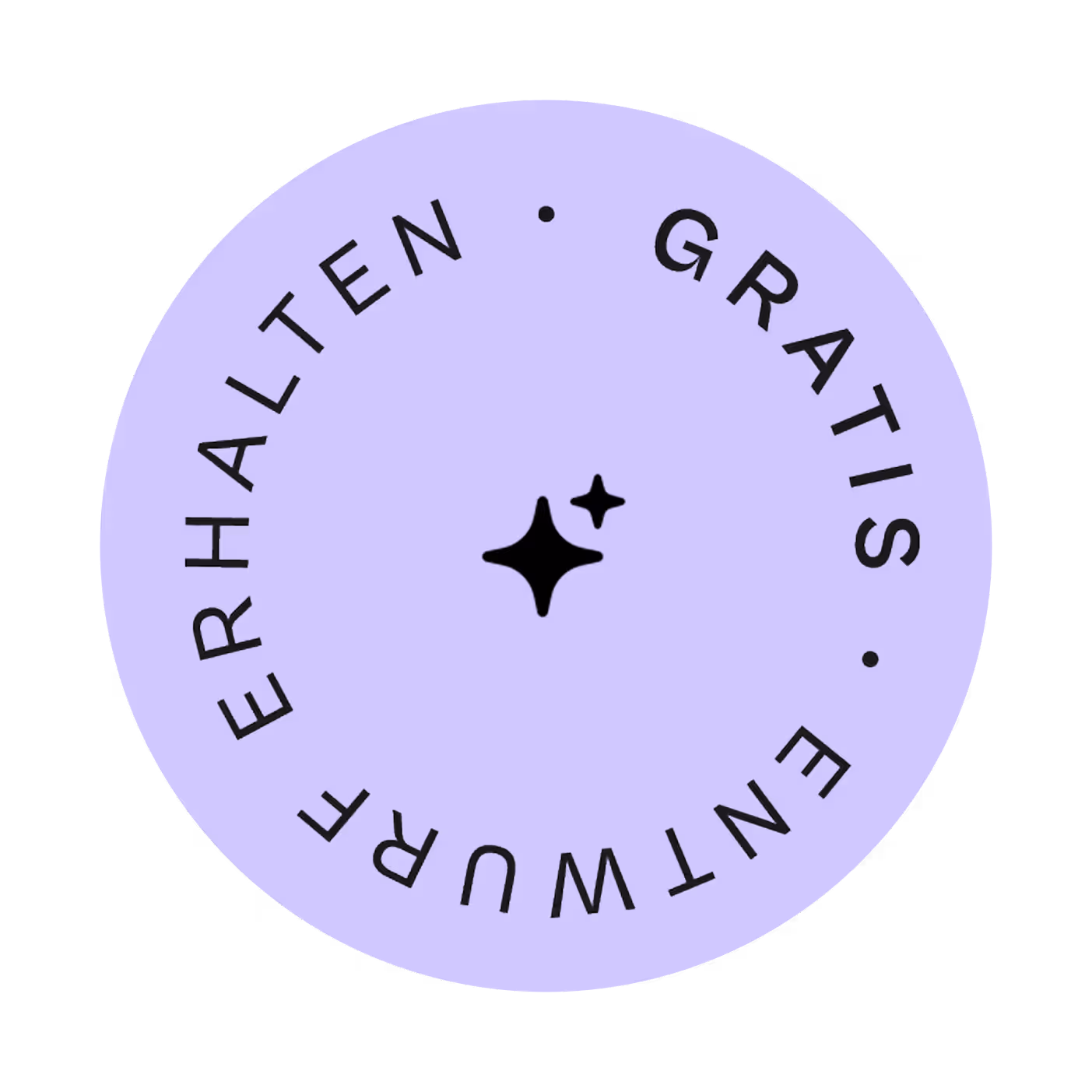 Runder lila Stempel mit der schwarzen Aufschrift »Gratis Entwurf Erhalten« und einem Sternsymbol in der Mitte.
