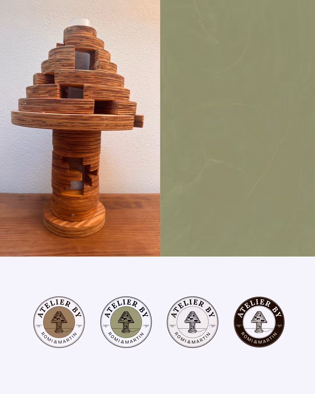 Holzkunstobjekt mit mehreren runden, gestapelten Schichten auf einem Holztisch neben vier Varianten des Logos 'Atelier by Romi & Martin'.