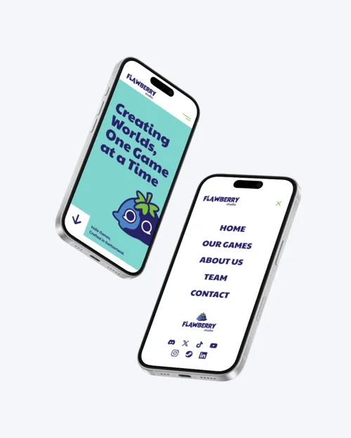 Zwei Smartphones zeigen die Website von Flawberry Studio mit dem Slogan 'Creating Worlds, One Game at a Time' und einem Menü mit Home, Our Games, About Us, Team und Contact.