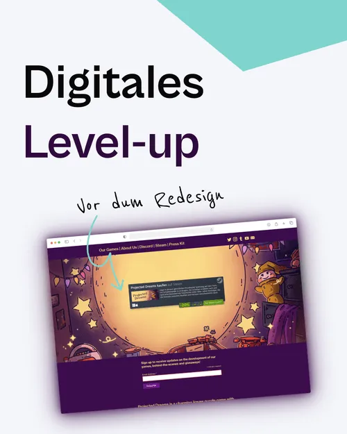 Text 'Digitales Level-up' über Screenshot einer Website mit Illustrationen und der handgeschriebenen Notiz 'vor dem Redesign'.