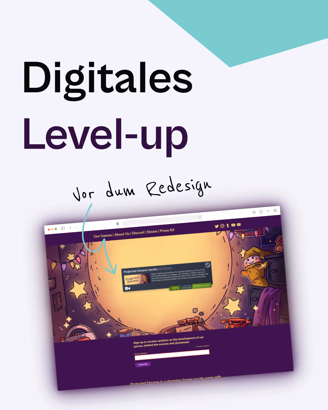 Text 'Digitales Level-up' über Screenshot einer Website mit Illustrationen und der handgeschriebenen Notiz 'vor dem Redesign'.