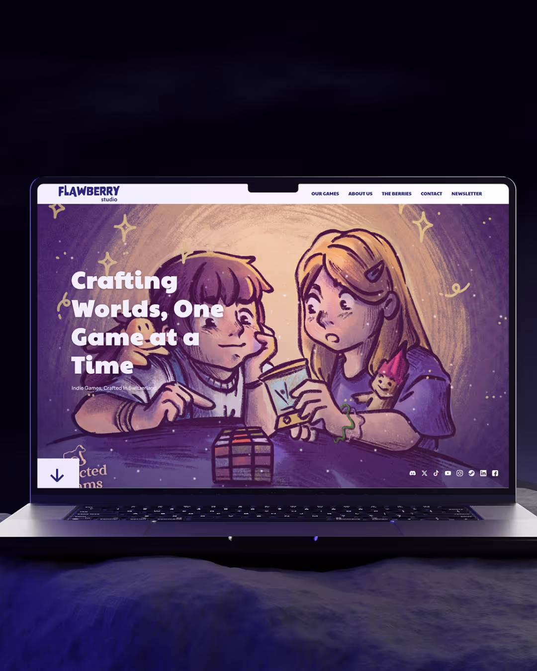 Laptop zeigt eine Webseite mit einer Illustration von zwei Kindern, die mit Spielzeug spielen, Text: ‚Crafting Worlds, One Game at a Time‘.