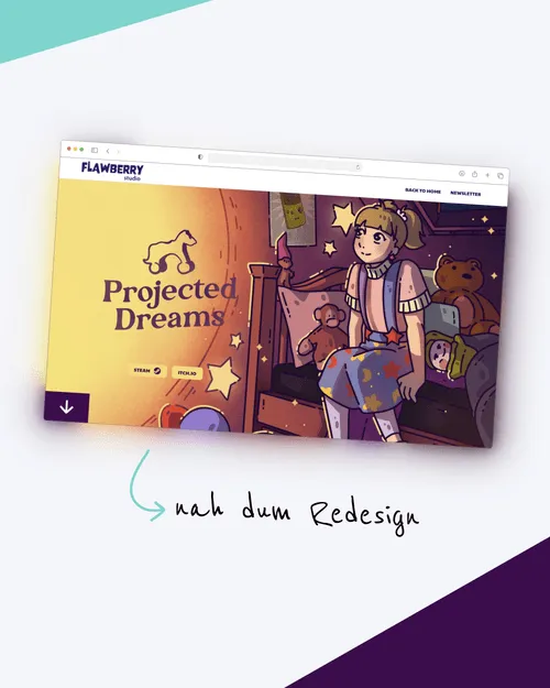 Website-Design mit einer Illustration eines Mädchens in einem Zimmer mit Spielzeug und Schriftzug 'Projected Dreams'.