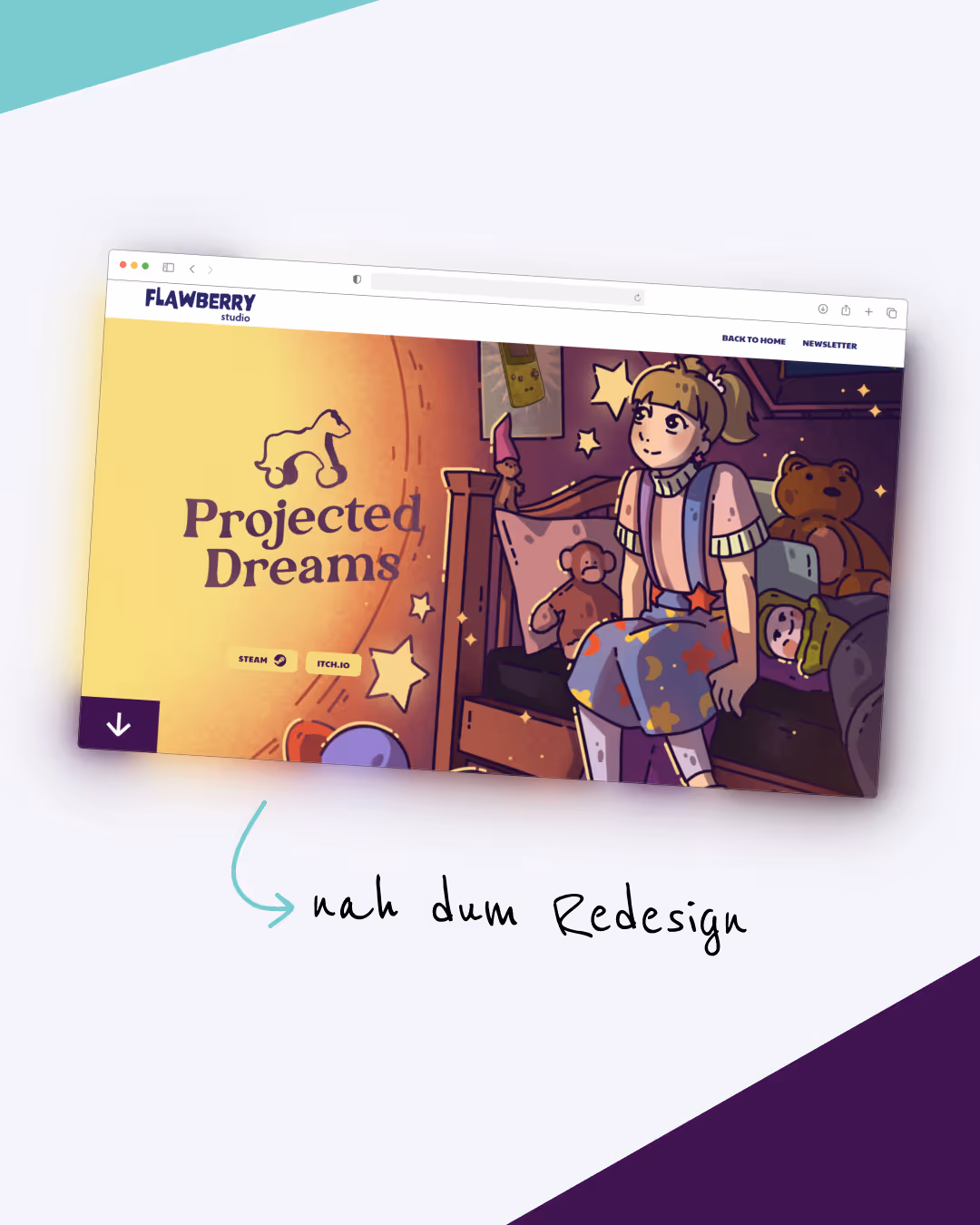 Website-Design mit einer Illustration eines Mädchens in einem Zimmer mit Spielzeug und Schriftzug 'Projected Dreams'.