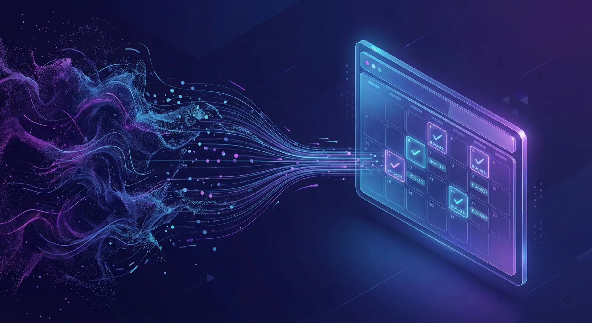 Digital calendar interface with highlighted booked dates and flowing data streams entering the calendar.
