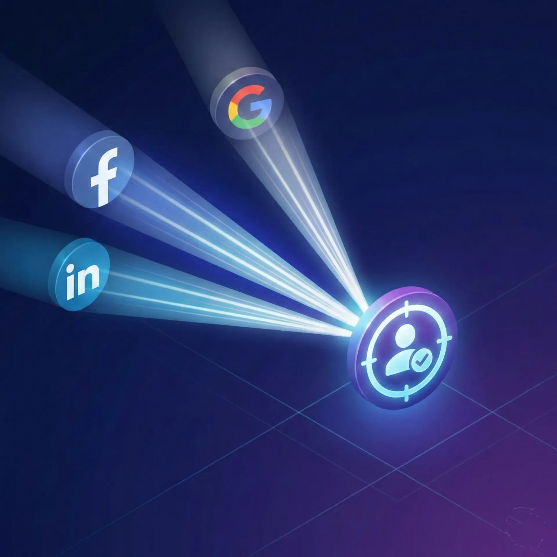 Illustration showing Facebook, Google, and LinkedIn icons projecting light beams converging onto a target icon with a user profile and checkmark.