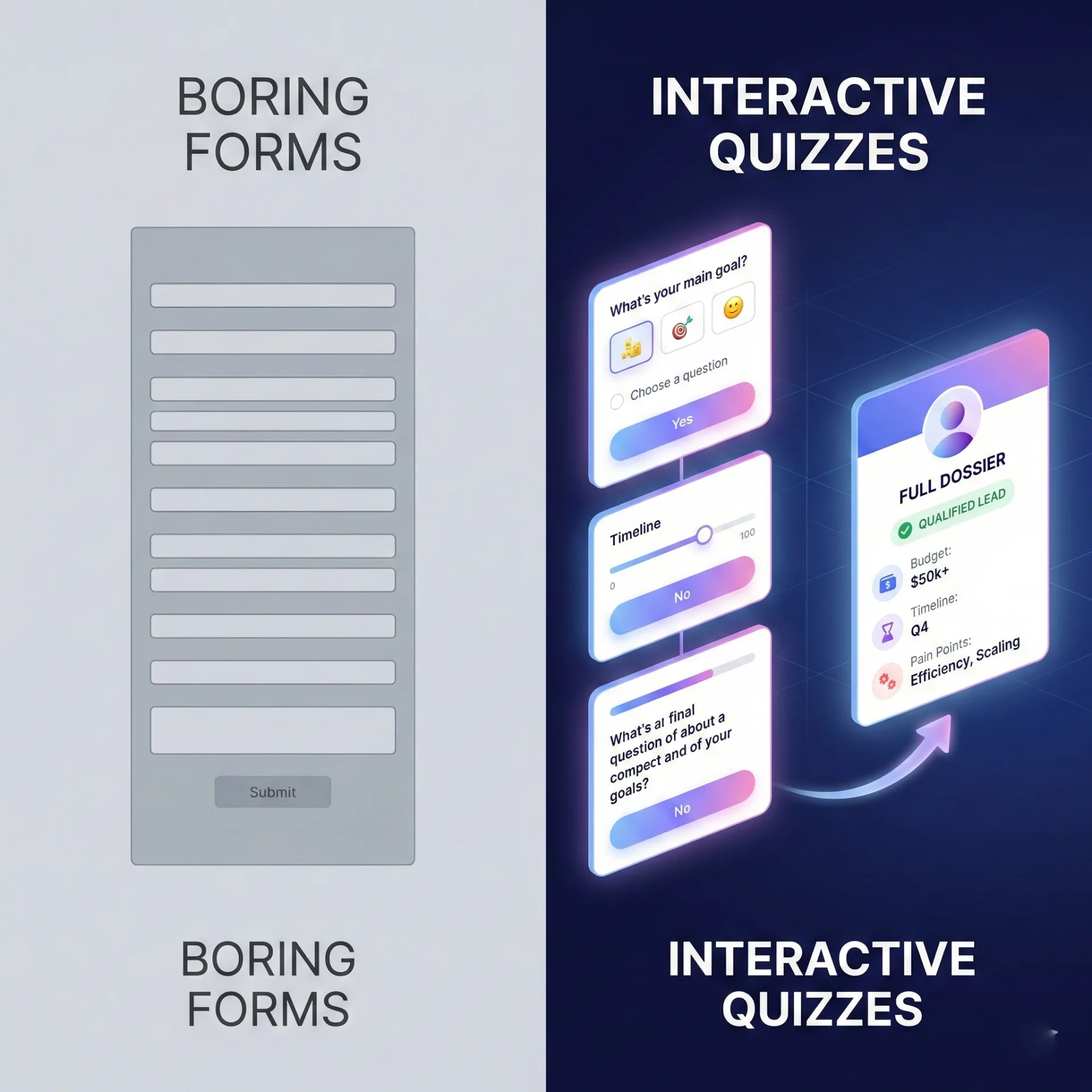 Comparison of plain gray boring forms on the left and colorful interactive quizzes with questions and a full dossier on the right.