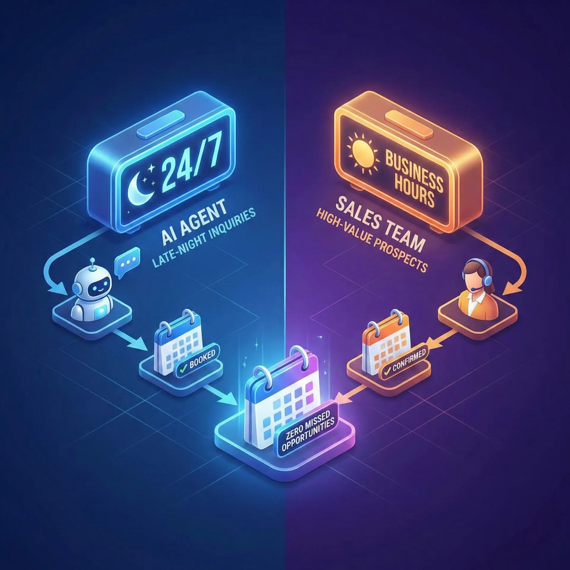 Illustration showing AI agent handling late-night inquiries 24/7 with booked calendar leading to zero missed opportunities; sales team handles business hours high-value prospects with confirmed calendar, converging for zero missed opportunities.