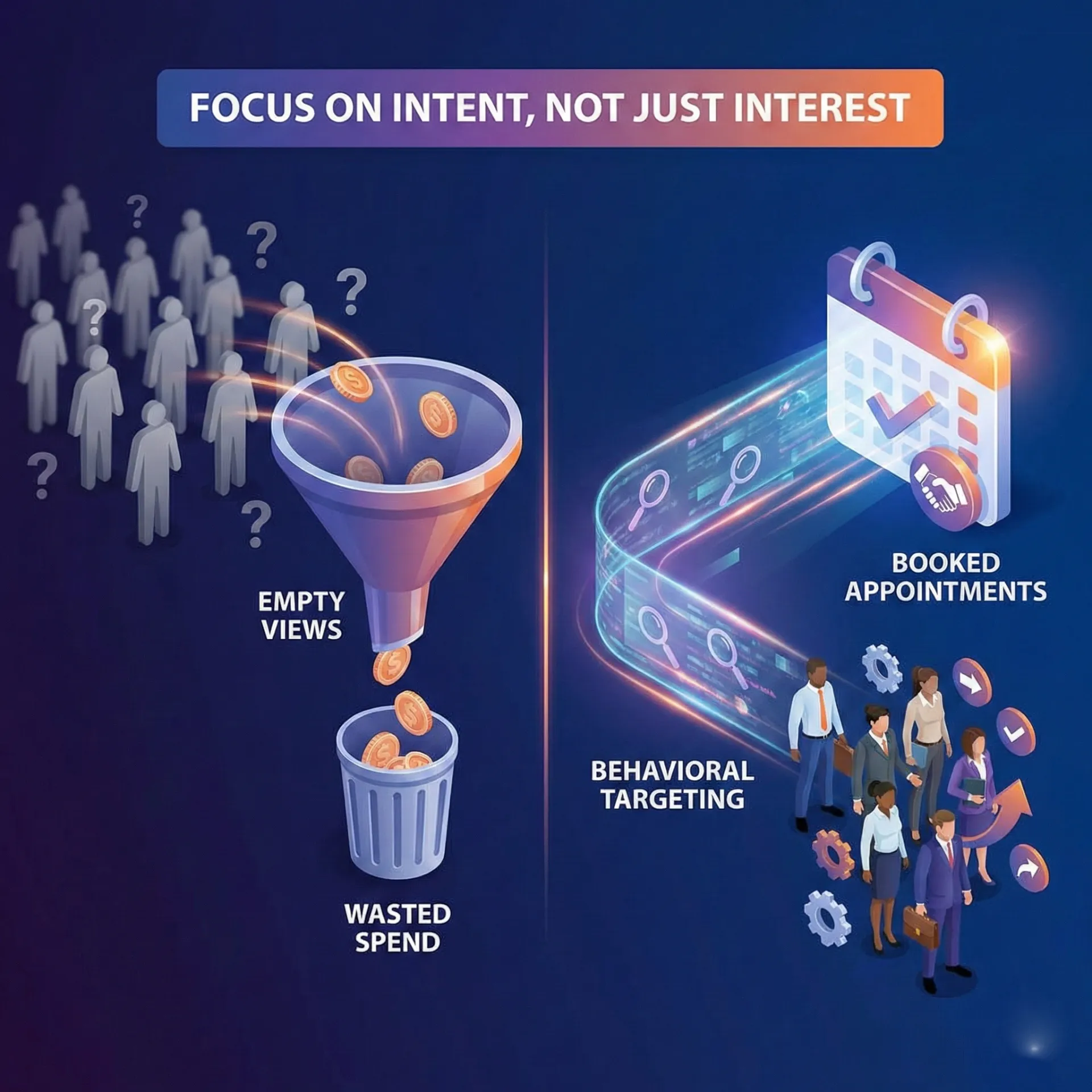 Graphic comparing empty views wasting money with behavioral targeting leading to booked appointments, emphasizing focus on intent not just interest.