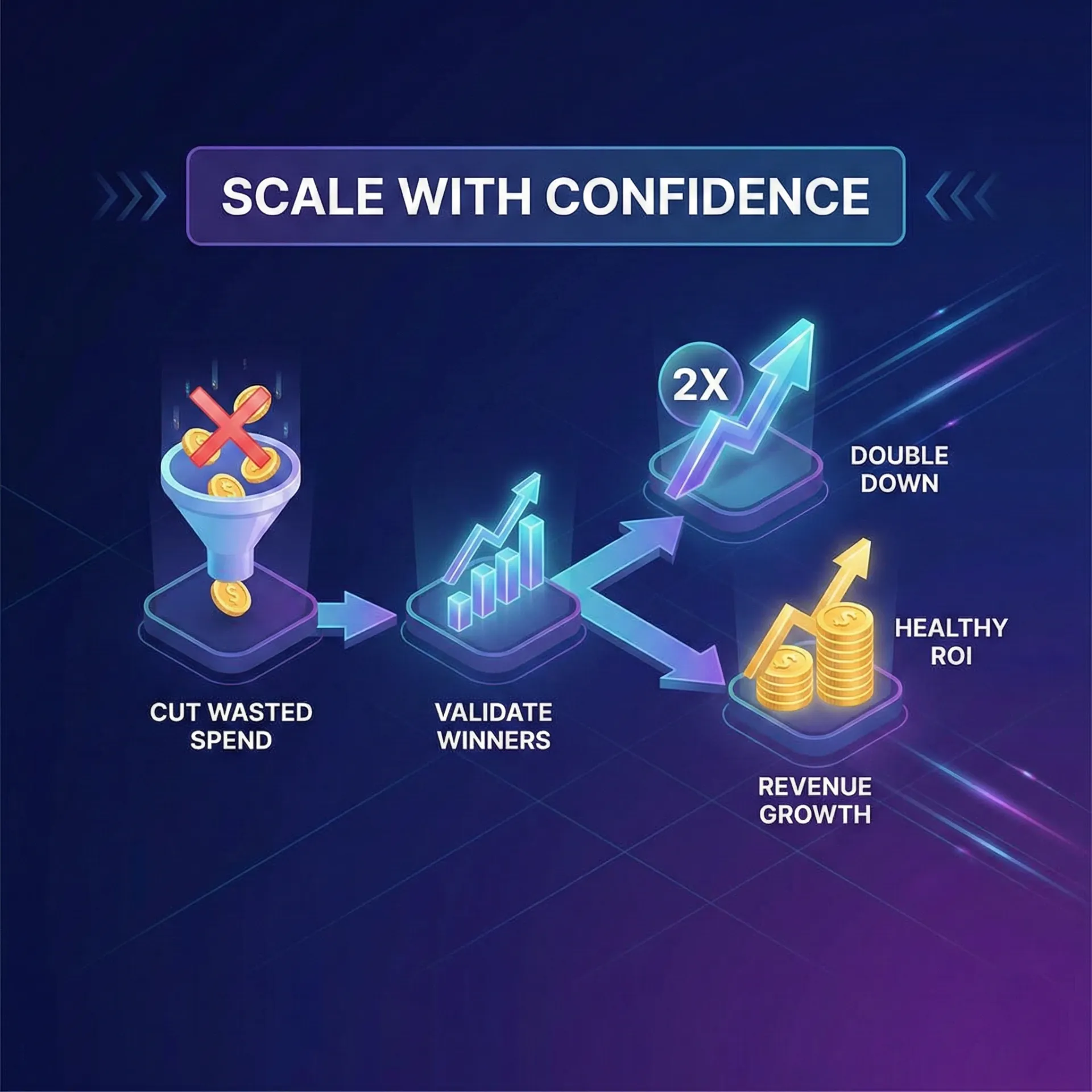 Flowchart titled 'Scale with Confidence' showing steps: cut wasted spend with crossed coins in funnel, validate winners with upward graph, then split to double down with 2X arrow and healthy ROI with stacked coins and upward arrow.