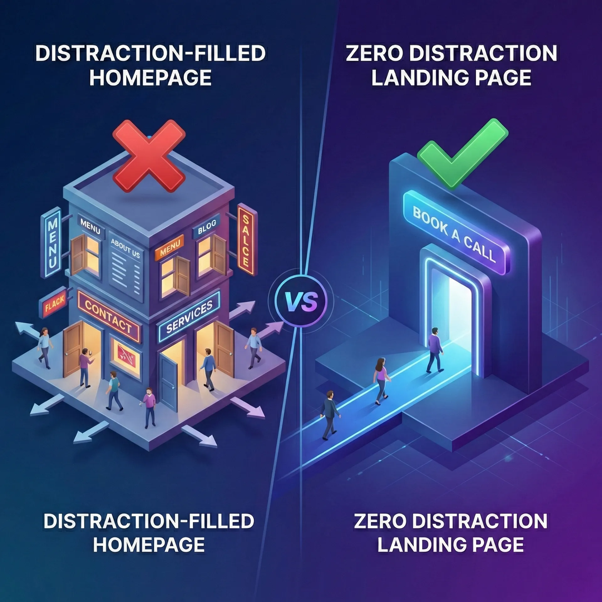 Illustration comparing a distraction-filled homepage with many navigation options and a zero distraction landing page with a single 'Book a Call' action.