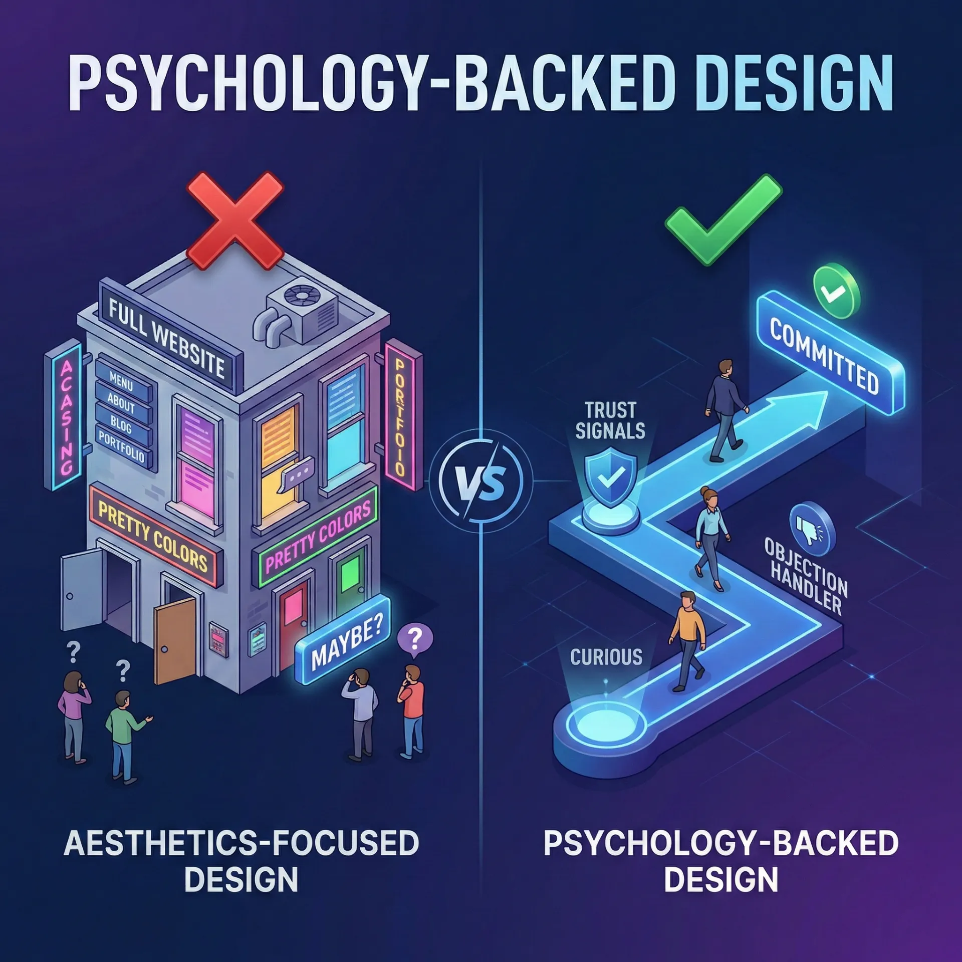Comparison showing aesthetics-focused design with a confusing full website building block versus psychology-backed design with a clear path of trust signals, curiosity, objection handler, leading to commitment.