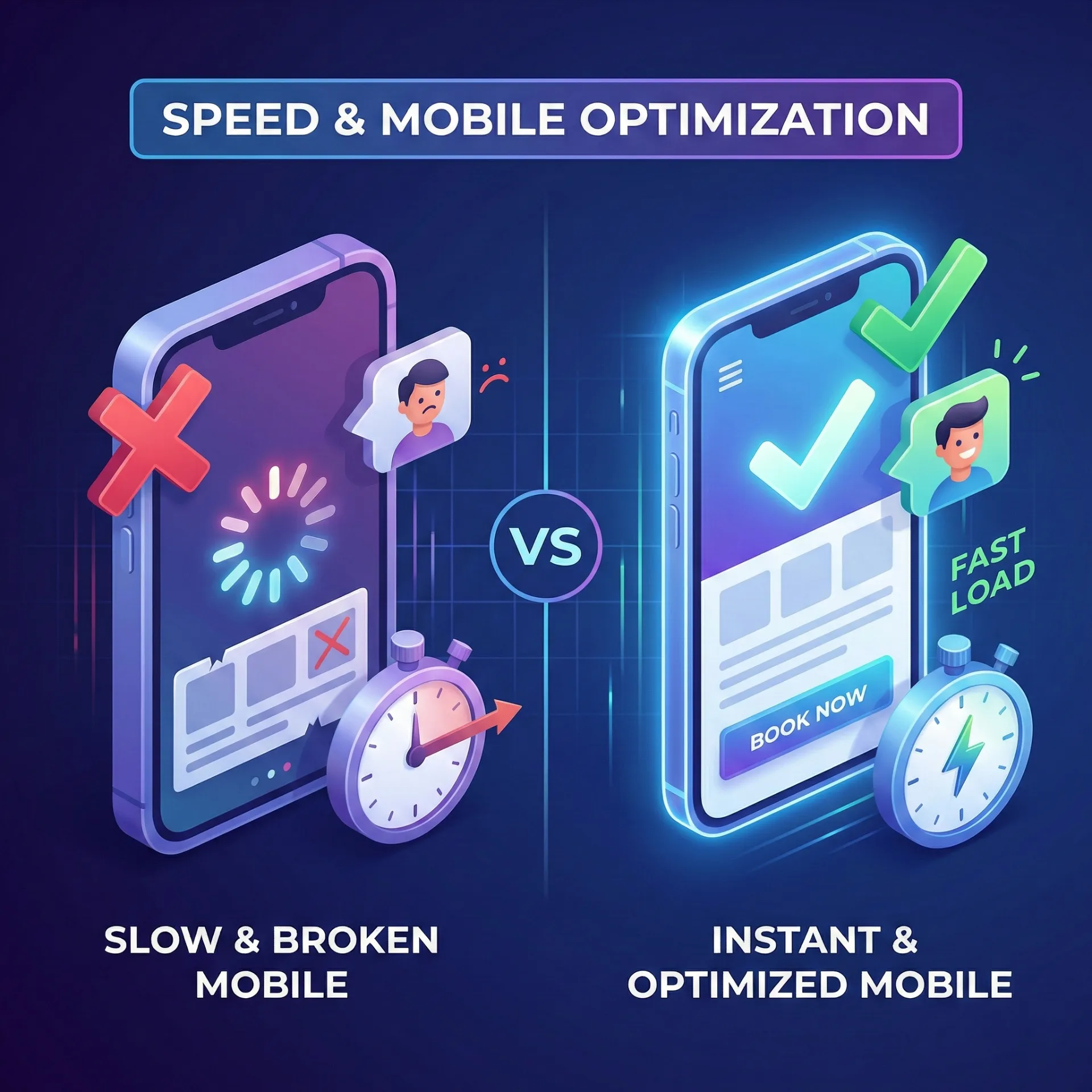 Comparison between slow and broken mobile with loading symbol and red cross versus instant optimized mobile with fast load checkmark and book now button.