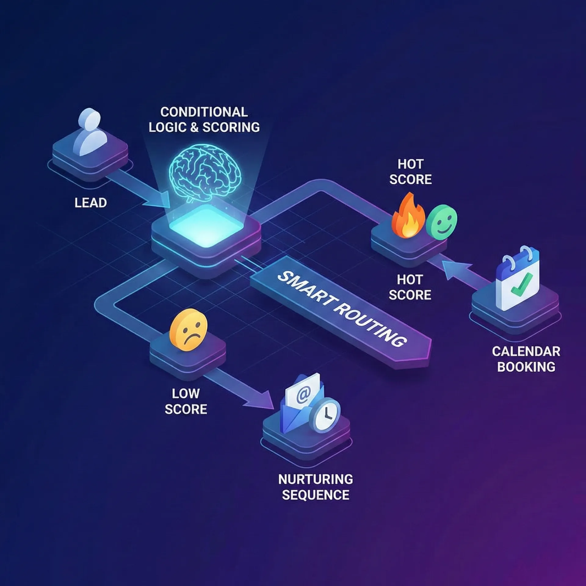 Flowchart illustrating smart routing of leads using conditional logic and scoring to assign hot or low scores, directing to calendar booking or nurturing sequence.