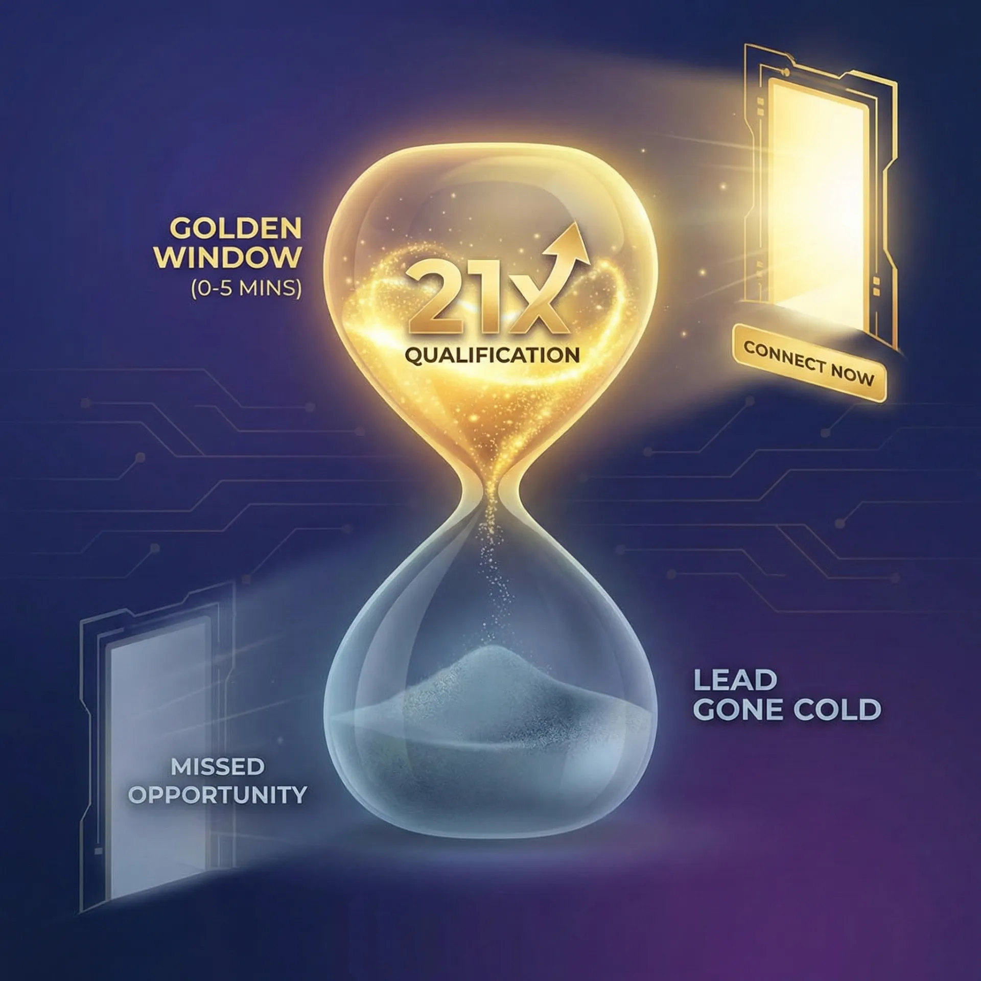Hourglass graphic showing a golden top half with '21X qualification' representing a golden window of 0-5 minutes, with labeled doors 'Missed Opportunity' on the left and glowing 'Connect Now' on the right indicating lead status.