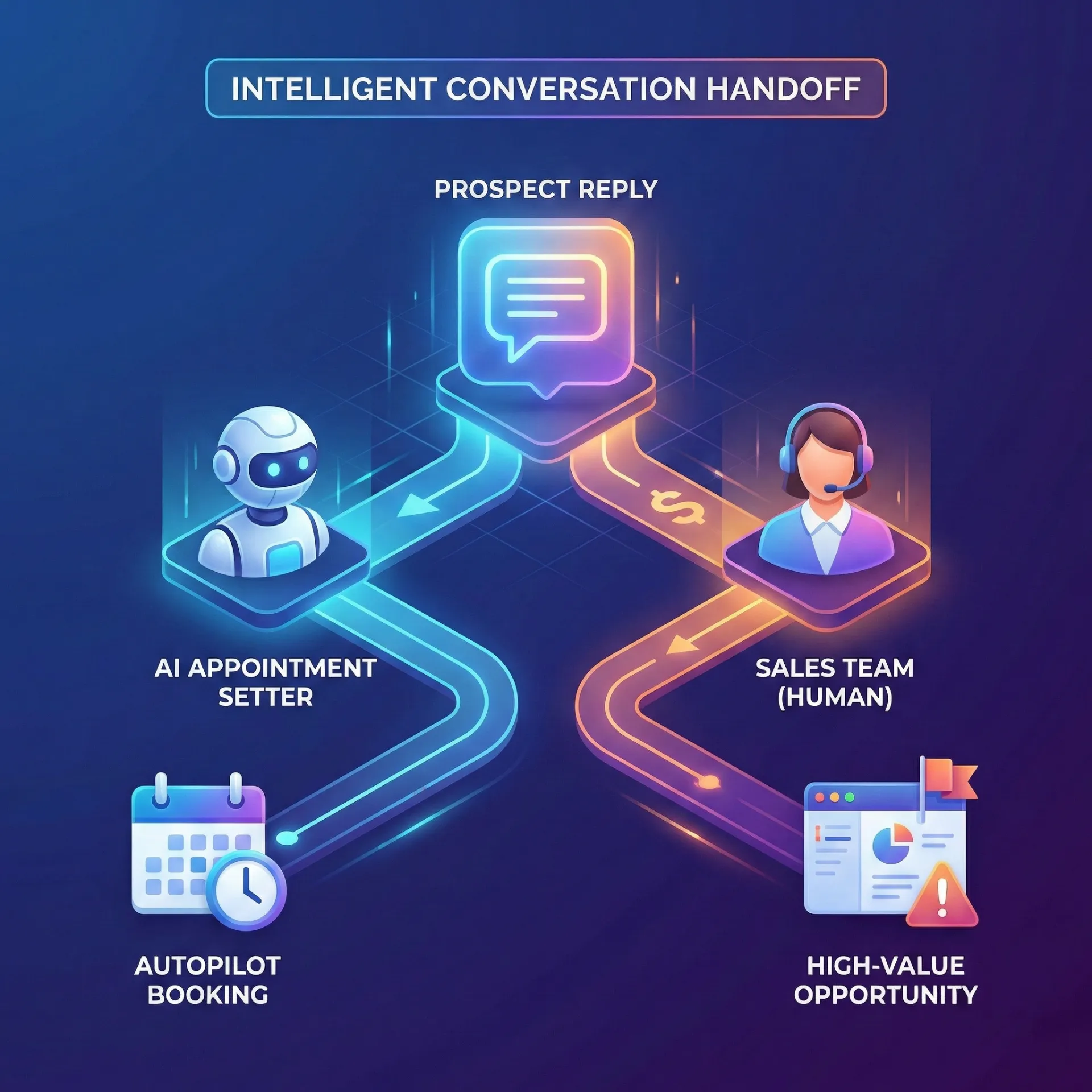 Diagram illustrating intelligent conversation handoff from AI appointment setter handling autopilot booking to human sales team managing high-value opportunities after prospect reply.