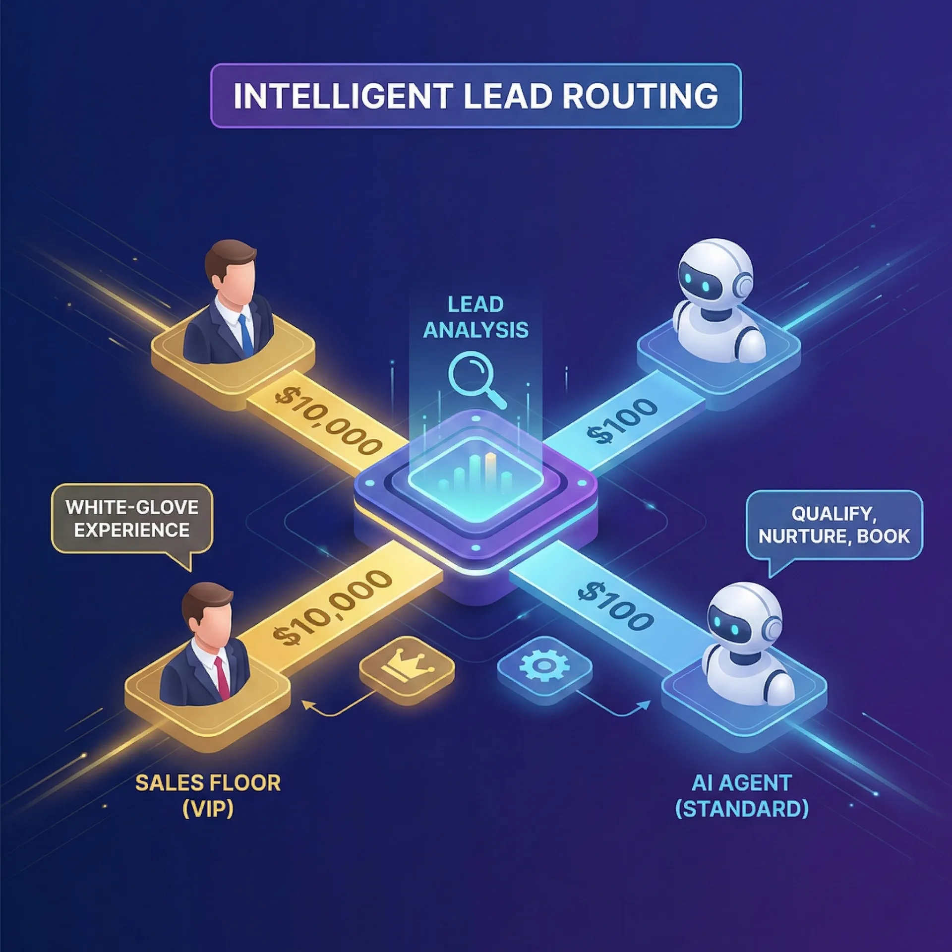 Diagram showing intelligent lead routing with lead analysis panel in center connecting sales floor VIP with $10,000 leads and AI agent standard with $100 leads.