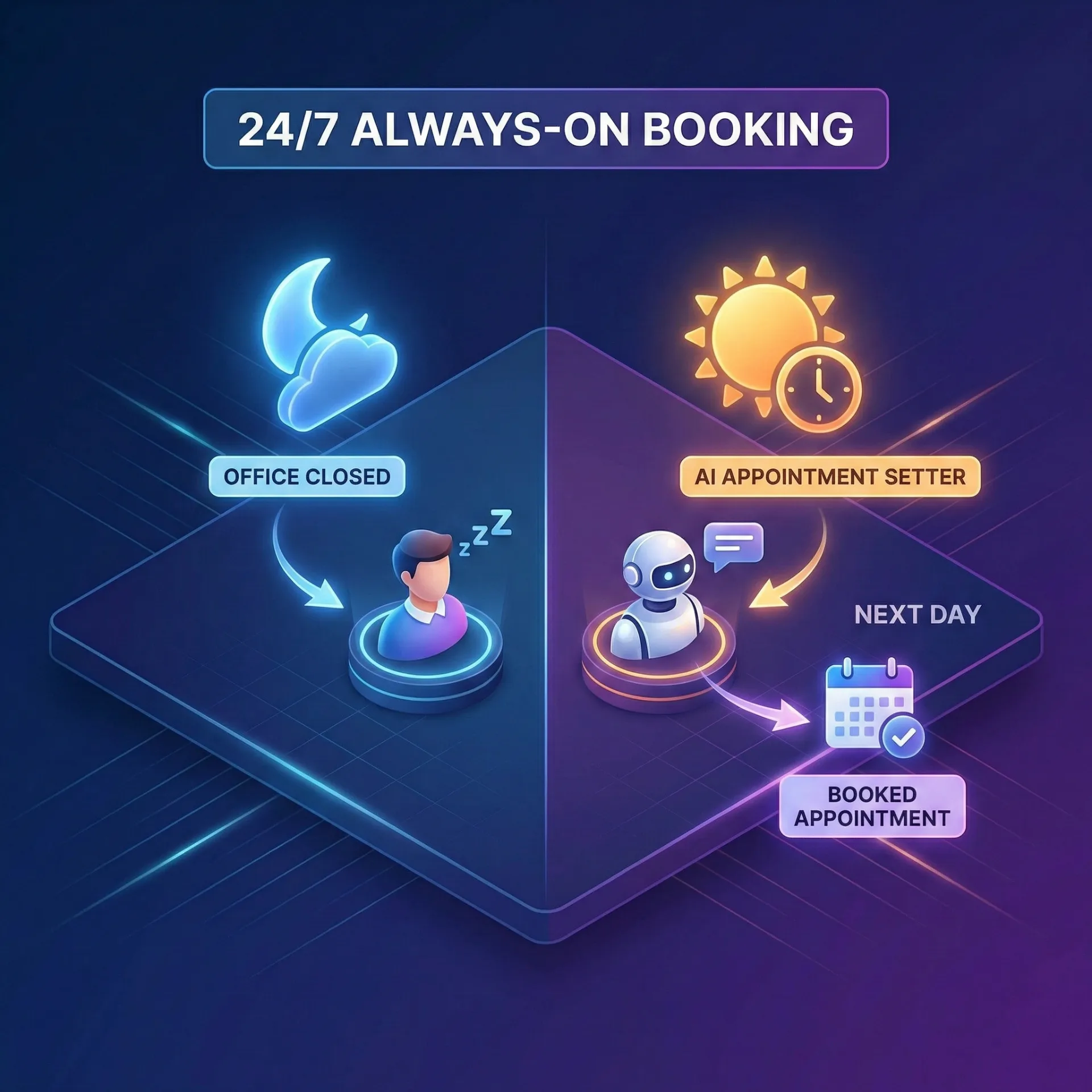 Diagram showing 24/7 always-on booking with office closed symbol on left and AI appointment setter booking next day appointment on right.