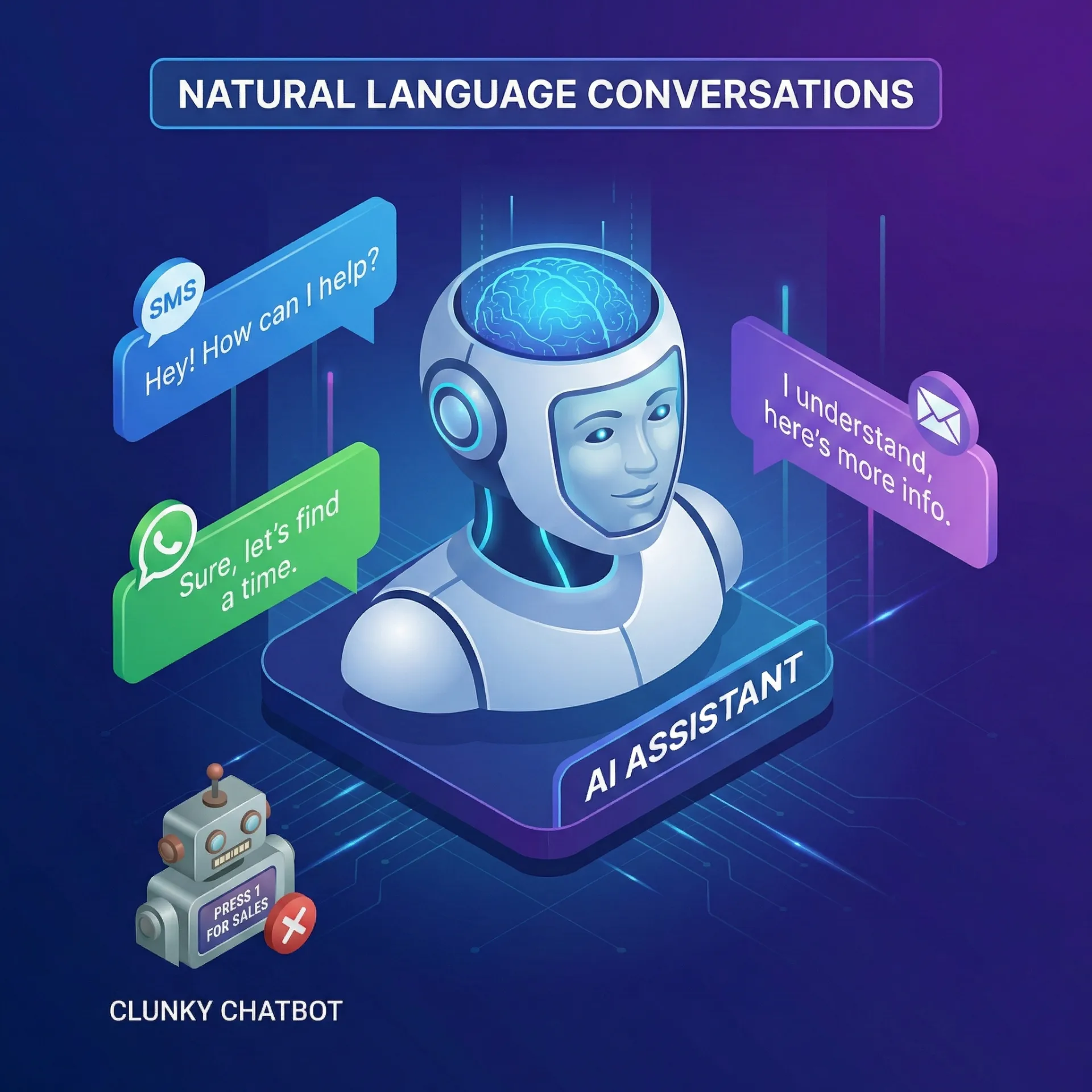 Illustration contrasting an AI assistant with a digital humanoid head and speech bubbles against a clunky robot labeled 'Press 1 for sales'.