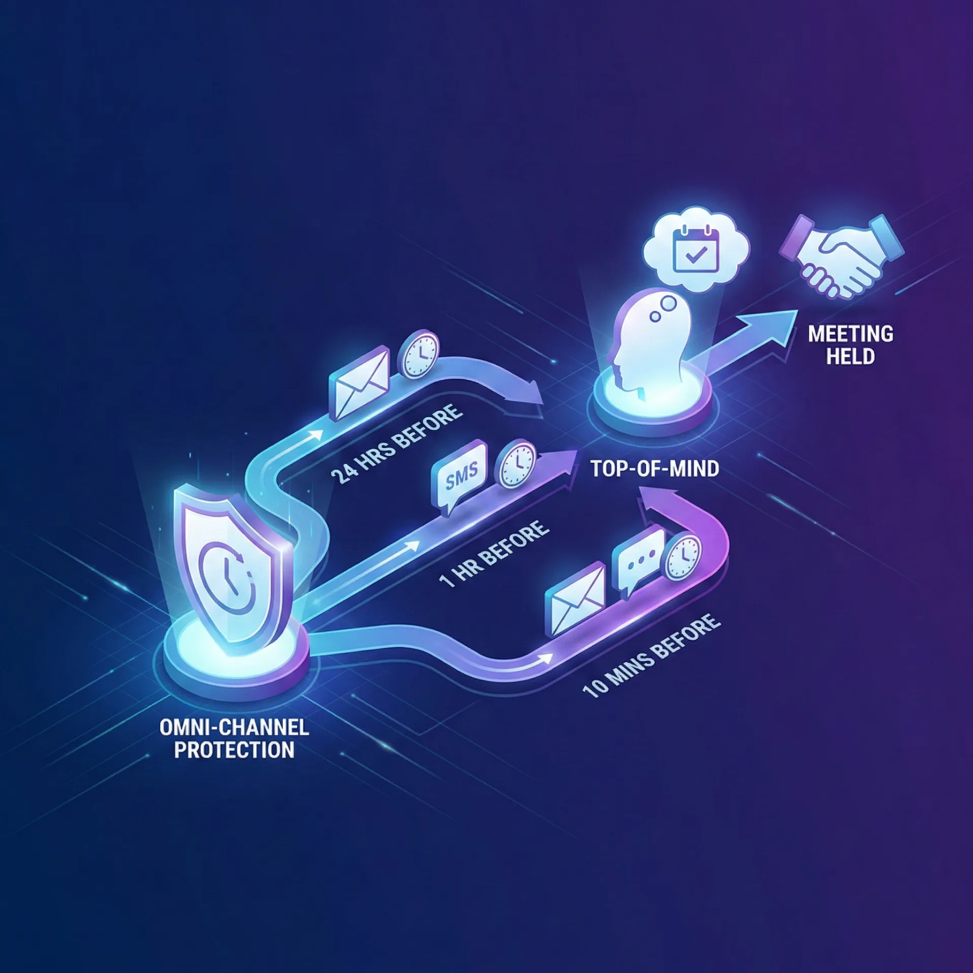 Diagram showing omni-channel protection with reminders 24 hours, 1 hour, and 10 minutes before a meeting, leading to a top-of-mind step and then a meeting held.