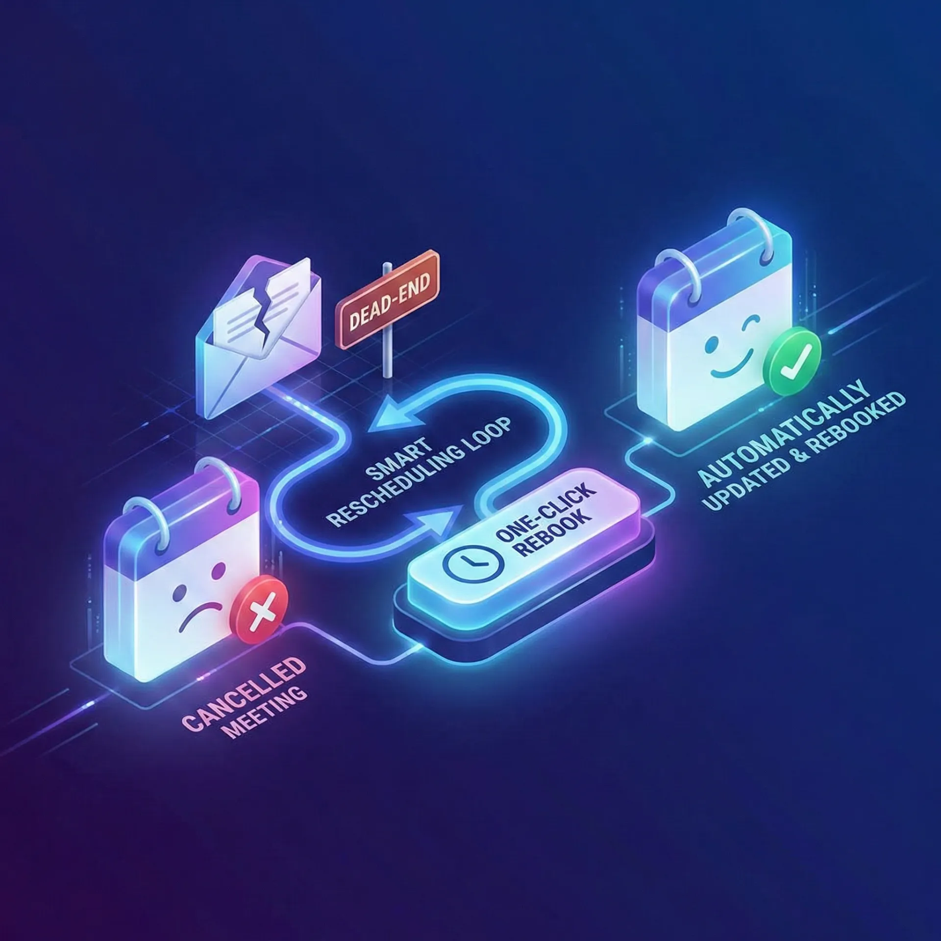 Diagram illustrating a smart rescheduling loop with a cancelled meeting, one-click rebook button, and an automatically updated and rebooked calendar.