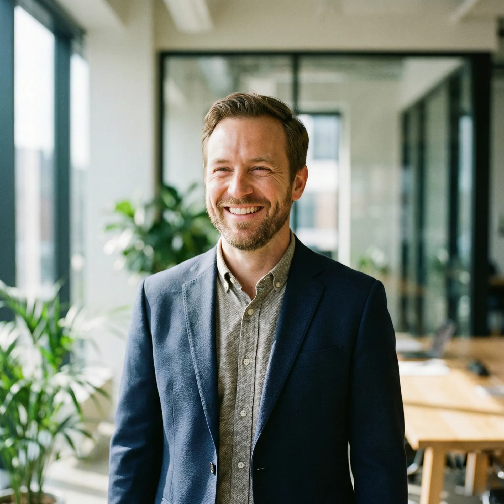 Smiling man with beard wearing a navy blazer and gray shirt in a bright office with plants and glass walls.
