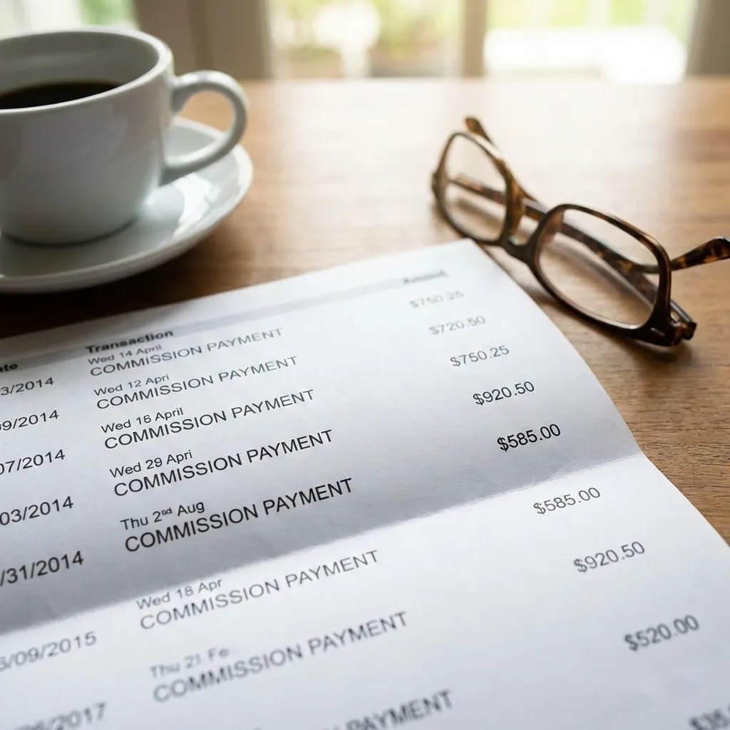 Close-up of a commission statement receipt on a wooden table with eyeglasses and a cup of black coffee.