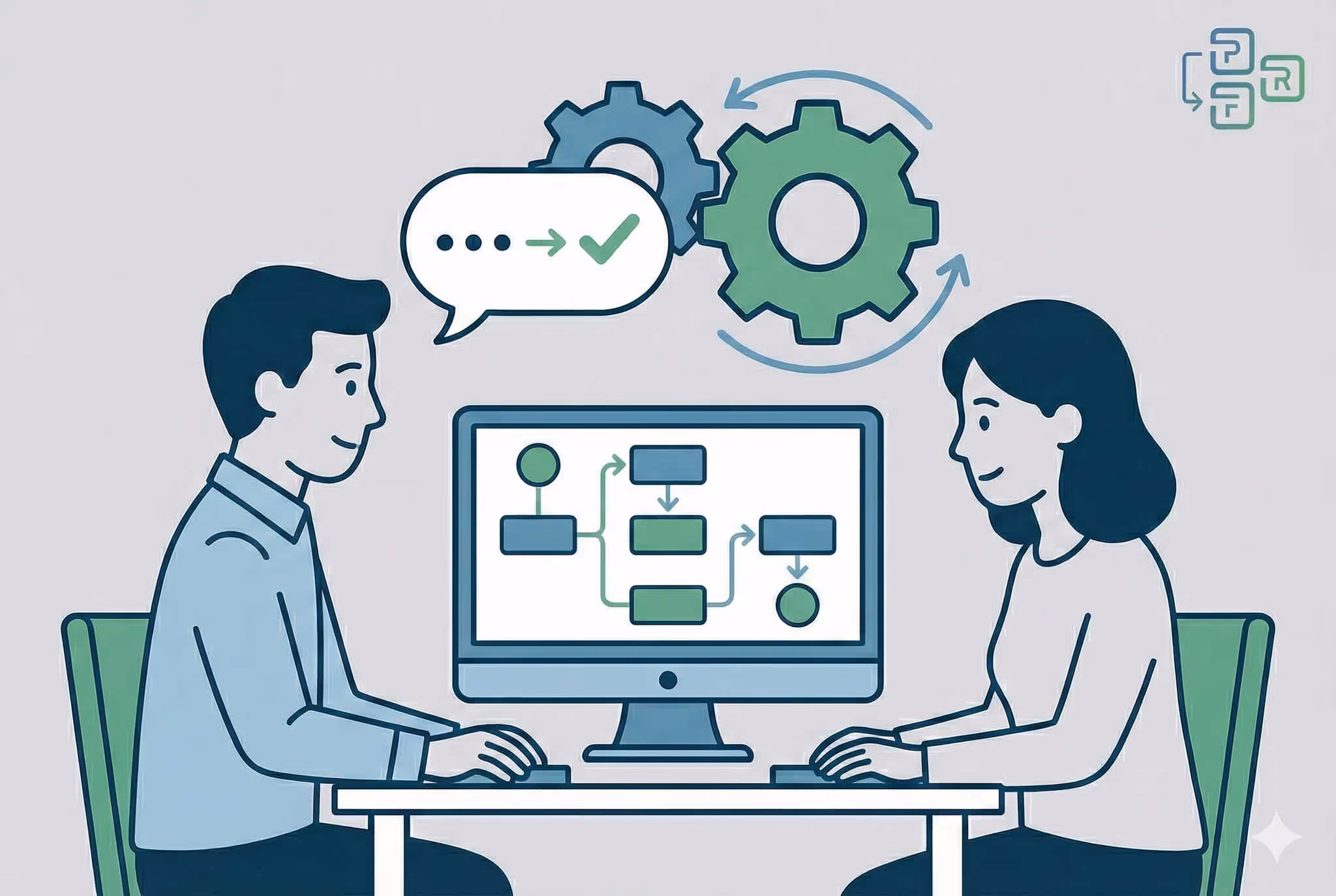 Illustration of a man and a woman sitting at a desk working together on a computer displaying a workflow chart with interlocking gears and a speech bubble above representing collaboration.