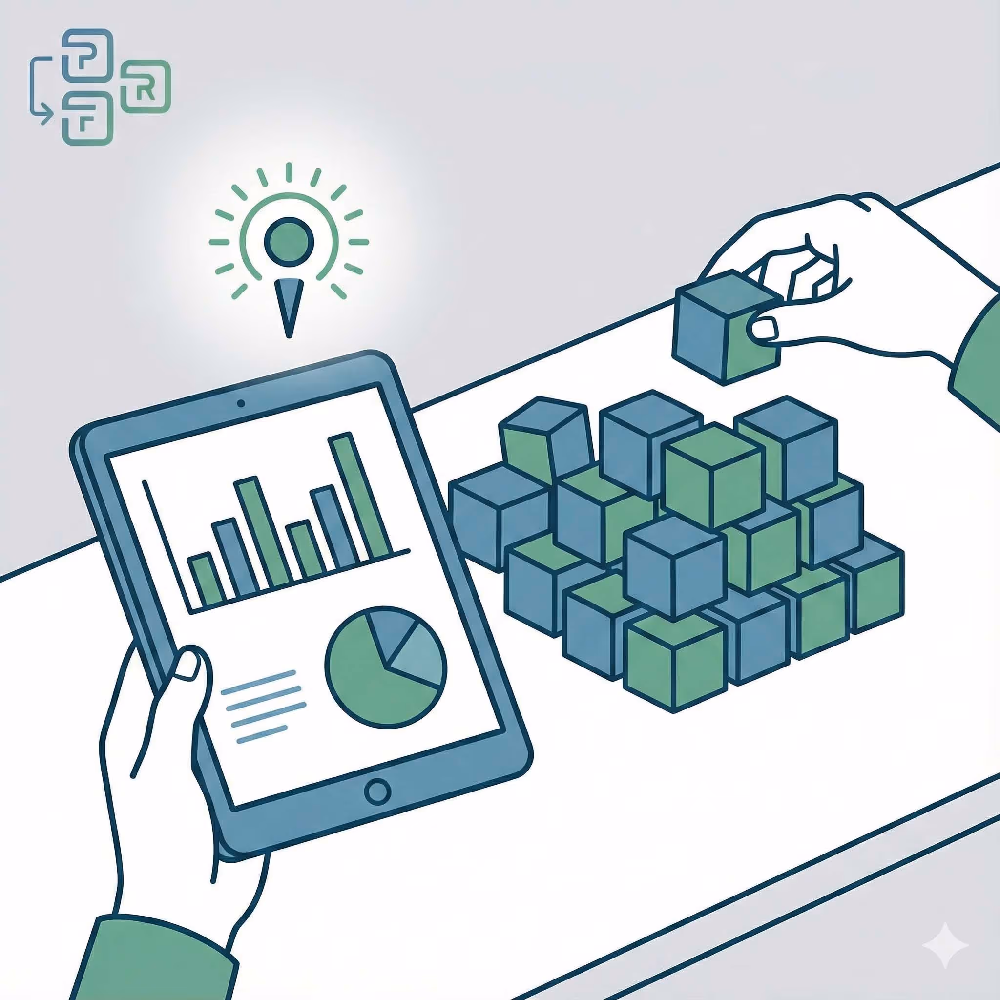 Hands holding a tablet displaying bar and pie charts next to a table with stacked green and blue cubes, symbolizing data analysis and decision making.